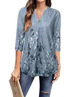 Gaharu Business Lässige Elegante Tunika für Damen Shirt 3/4 Ärmel Sommer Luftige Floral Longbluse Große Größen Festlich V-Ausschnitt Berufs Hemd Frauen Arbeitsbluse Lang Wunderschön Schwarz Grau,XXL von Gaharu