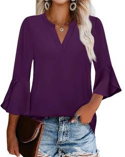 Gaharu Damen Arbeitsblusen Rüschen 3/4 Ärmel Dressy Top V Ausschnitt Casual Chiffon Tunika Blusen Business Shirts, deep purple, XX-Large von Gaharu