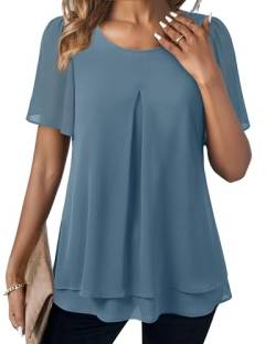 Gaharu Damen Rüschen Kurzarm Blusen Doppellagig Hemd Arbeit Tunika Tops, Grau, Blau, XX-Large von Gaharu