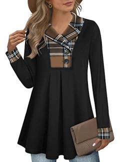 Gaharu Damen Swing Tunika Kerbkragen Damen Knopf Sweatshirt Langarm Pullover Shirt Tops, Kaffee-Plaid, X-Large von Gaharu