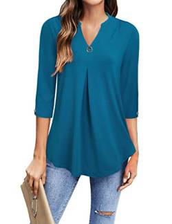 Gaharu Dreiviertelarm Schönes Blusen Damen 3/4 Arm Blusentunika Frauen Locker Freizeitbluse Henley Damentops Casual Basic Fließende Arbeit Wasserfall Herbst Women Legere Baumwollhemd Dunkler Cyan, M von Gaharu