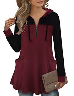 Gaharu Elegante Kapuzenpullover Damen V-Ausschnitt Locker A-Linie Damenoberteile Baumwolle Lässige Farbblock Frauen Longpulli Kapuzen Langarm Bluse Sweatkleid Plissee Reißverschluss Multi-Wein, M von Gaharu