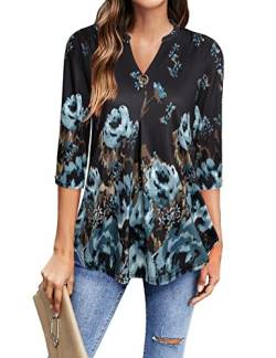 Gaharu Elegante Oberteile Damen 3/4 Arm Shirt Lang Festliche Kleidung Damen Frühling Mode Bluse Business Damen Tunika Große Größen Formelle Schönes Abend Bluse Bauch Kaschieren Blumen Schwarz von Gaharu