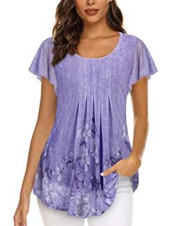 Gaharu Lila Bluse Damen Elegant Tunika Sommer Kurzarm Falten Shirt für Damen Oversize Lang Oberteile Frauen Schick Festliche Kleidung übergröße Bunte Abendmode Damen Oberteil Blusen Violett Blume,XXL von Gaharu