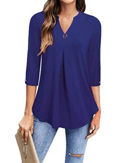 Gaharu Longbluse für Damen Tunika 3/4 Arm Schönes Lange Shirt Bügelfrei Locker Arbeitsbluse Frauen Arbeit Top Einfarbig Vokuhila Bluse A-Form Legere Damenhemdblusen für Leggings Blau Violett,XXL von Gaharu