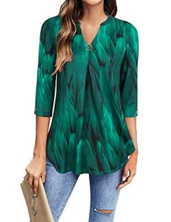 Gaharu Oberteile 3/4 Ärmel Damen Longshirt Bluse Oversize Tunic Frauen Longtunika V-Neck Summer Damenbluse Freizeit Long Women Lose Business Arbeitbluse Schickes Plissiertes Fließende Pfauenblau, M von Gaharu