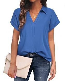 Gaharu Tunika Shirt Damen Kurzarm Tshirt Baumwolle Damen Bluse Elegant Festlich Blau Sommer Blusen für Damen Lang Short Sleeves Women Blouse Business Casual Collar Office Party Buntes Blusenshirt von Gaharu