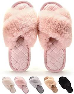 Gainsera Hausschuhe Damen Flauschige Plüsch Pantoffeln Crossover Weich Bequem Fellhausschuhe für Damen Winter,a Pink 38-39 EU 260 von Gainsera