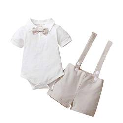 Gajaous Baby Jungen Gentleman Anzüge, Kinder Kurzarm Bowtie Shirt Strampler + Hosenträger Shorts Overalls Festliche Taufe Hochzeit Gentleman Shorts Set 0-24M, A-Beige, 18-24 Monate(Tag 100) von Gajaous