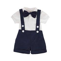 Gajaous Baby Jungen Gentleman Anzüge, Kinder Kurzarm Bowtie Shirt Strampler + Hosenträger Shorts Overalls Festliche Taufe Hochzeit Gentleman Shorts Set 0-24M, A-Dark Blue, 12-18 Monate(Tag 90) von Gajaous