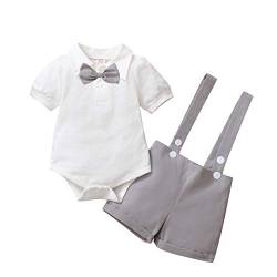 Gajaous Baby Jungen Gentleman Anzüge, Kinder Kurzarm Bowtie Shirt Strampler + Hosenträger Shorts Overalls Festliche Taufe Hochzeit Gentleman Shorts Set 0-24M, A-gray, 6-12 Monate(Tag 80) von Gajaous