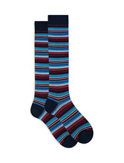 Gallo Men's long ocean blue ultra-light cotton socks with multicoloured stripes of different dimensions. von Gallo