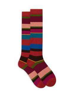Gallo Women's long fuchsia cotton and cashmere socks with multicoloured macro stripes. von Gallo