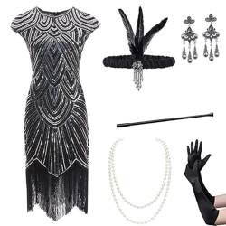 Gammify 1920er Jahre Damen Abendkleid V-Ausschnitt Pailletten Perlen Fransen Kleid mit 20s Zubehör Set Schwarz L von Gammify