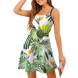 Damen Ärmellos Kleid Sommerkleid Strandkleid Tropische Pflanze Grünes Monstera Blatt Blumen Verstellbaren Spaghettiträger Trägerkleid Swing Kleid Freizeitkleid White L von Gamoii