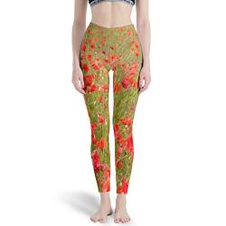 Gamoii Damen Sport Leggings Landschaft Roter Mohn Feld Blumen 3D-Druck Sporthose Yogahose High Waist Lässige Strumpfhose Hose White XL von Gamoii