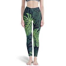 Gamoii Damen Sport Leggings Tropische Pflanze Dunkelgrüne Monstera Blätter Figurformende Sporthose Yogahose Hohe Taille Classics Fitnesshose White L von Gamoii