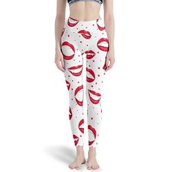 Gamoii Damen Sports Leggings Rote Lippen Punkte 3D-Druck Sporthose Yogahose Hoher Taille Elastisch Jogginghosen White 3XL von Gamoii