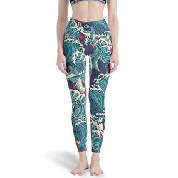 Gamoii Damen Yoga Leggings Japanischer Fisch Welle Gedruckt Sporthose Yogahose High Waist Knöchellange Yoga Hose White m von Gamoii