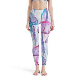 Gamoii Damen Yoga Leggings Quallen Rosa Blaue Fische 3D-Druck Sporthose Yogahose Hohem Bund Elastisch Strumpfhose Hose White l von Gamoii