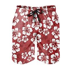 Herren Badehose Beachshorts Hawaii Hibiskus Blumen Rot Surf Shorts Klassisch Muster Print Mesh Futter Schwimmen Shorts Shorts mit Tunnelzug Taschen White XL von Gamoii