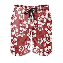 Herren Badehose Beachshorts Hawaii Hibiskus Blumen Rot Swim Trunks Modern 3D Print Grafik Mesh Futter Strand Shorts Sporthose mit Tunnelzug Taschen White 6XL von Gamoii