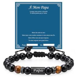 Geschenk für Männer Herren Armband mit Gravur, Perlenarmband Herren mit Natursteinen & Edelstahl Perle, 8mm Tigerauge Stein - Onyx Perlen, Verstellbare Länge, Geschenke für Papa von Gamtic