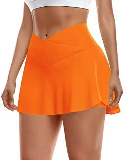 Ganado Plissee-Tennisröcke für Damen mit Taschen, athletische Röcke mit Shorts, Crossover, hohe Taille, Golfkorts, lässig, Orange, XX-Large von Ganado