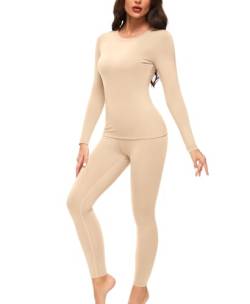 Ganado Thermounterwäsche Set Damen Innenfleece Thermowäsche Thermo Oberteil und Thermohose Leggings Winter Warm Unterwäsche Funktionsunterwäsche (Beige, M) von Ganado