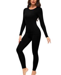 Ganado Thermounterwäsche Set Damen Innenfleece Thermowäsche Thermo Oberteil und Thermohose Leggings Winter Warm Unterwäsche Funktionsunterwäsche (Schwarz, S) von Ganado