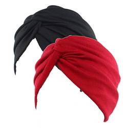 Ganves Damen Schlaf-Soft-Turban Pre Gebunden Baumwolle Indien Chemo Kappebeanie Turban Kopfbedeckung Einheitsgröße Schwarz Rot von Ganves