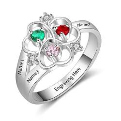 Gaosh Herzform Mutter Ring für Damen Personalisiert 3 Zirkonia Stein Geburtsstein 3 Namen & Gravur 925 Sterling Silber Geschenk für Muttertag Vatertag Geburtstag mit Geschenkbox (Silver, 54 (17.2)) von Gaosh