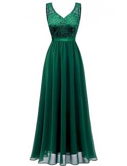 Gardenwed Abendkleid elegant für Hochzeit Ballkleid Damen Lang Spitzen V-Ausschnitt Brautjungfernkleider Hohe Taille Abschlusskleid Cocktailkleid Dark Green 2XL von Gardenwed