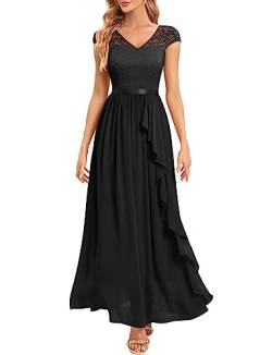 Gardenwed Abendkleid elegant für Hochzeit V-Ausschnitt Spitzen Cocktailkleid Damen Kurzarm Ballkleid mit Rüschen Party Abschlussballkleid Lang festliches Kleid Black 2XL von Gardenwed