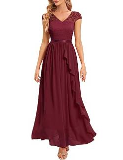 Gardenwed Abendkleid elegant für Hochzeit V-Ausschnitt Spitzen Cocktailkleid Damen Kurzarm Ballkleid mit Rüschen Party Abschlussballkleid Lang festliches Kleid Burgundy 3XL von Gardenwed