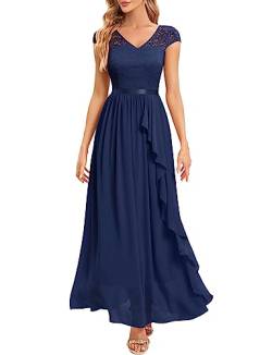 Gardenwed Abendkleid elegant für Hochzeit V-Ausschnitt Spitzen Cocktailkleid Damen Kurzarm Ballkleid mit Rüschen Party Abschlussballkleid Lang festliches Kleid Navy 2XL von Gardenwed