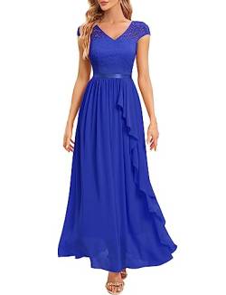 Gardenwed Abendkleid elegant für Hochzeit V-Ausschnitt Spitzen Cocktailkleid Damen Kurzarm Ballkleid mit Rüschen Party Abschlussballkleid Lang festliches Kleid Royal Blue 2XL von Gardenwed