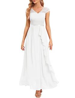 Gardenwed Abendkleid elegant für Hochzeit V-Ausschnitt Spitzen Cocktailkleid Damen Kurzarm Ballkleid mit Rüschen Party Abschlussballkleid Lang festliches Kleid White 3XL von Gardenwed