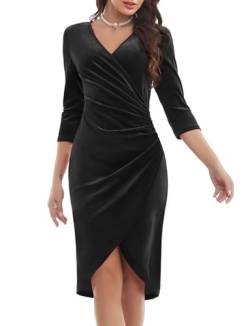 Gardenwed Abendkleider elegant Samtkleid Damen Langarm Bodycon Kleid Knielang Split Wickelkleid Cocktail Party Kleider Hochzeitsgäste Festliches Kleid Black M von Gardenwed