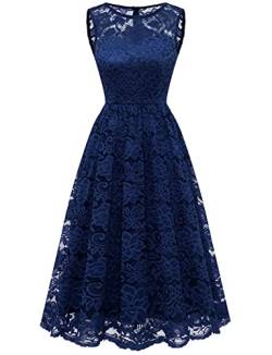 Gardenwed Damen 2023 Sommer Floral Spitze Hochzeit Party Gäste Kleid Flattern Elegant Ärmellos Abschlussball Cocktailkleider, Marineblau, Klein von Gardenwed