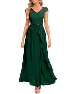 Gardenwed Damen Abendkleid Lang Elegant für Hochzeit V-Ausschnitt Spitzen Cocktailkleid Kurzarm Rockability Ballkleid mit Rüschen Abschlussballkleid Dark Green M von Gardenwed