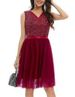 Gardenwed Paillettenkleid Damen elegant V-Ausschnitt festliches Glitzer Kleid Tüll Kleid Party jugendweihes Kleid Cocktailkleid Burgundy M von Gardenwed