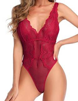 Garmol Damen Spitzen-Body Dobby Mesh Body Teddy Dessous - Rot - Medium von Garmol