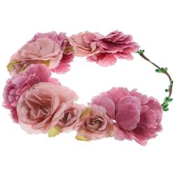 Garneck Rosa Blumenkrone Blumenkranz Braut Blumenstirnband Mittelalter Kleidung Damen Blumengeburtstagsdekorationen Hippie Accessoires Halo-blumengirlande Strand Künstliche Haustür von Garneck