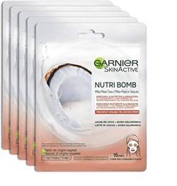 Garnier Nutribomb, nährende, aufhellende Stoffmaske, geeignet für trockene und fahle Haut, angereichert mit Kokosmilch und Hyaluronsäure, 28 g, 5er-Pack von Garnier