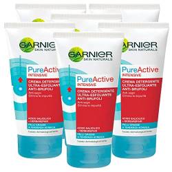 Garnier Skin Naturals Pure Active Intensive Ultra Peeling Anti-Pickel Reinigungscreme für fettige Haut, beseitigt Verunreinigungen, Formel mit Salicylsäure und Herbarepair – 6 Flaschen à 150 ml von Garnier