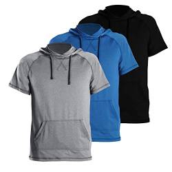 Herren Kurzarm Hoodie T-Shirt Sommer Pullover Workout Sweatshirt mit Kängurutasche, Schwarz/Blau/Anthrazit, Large von Gary Com