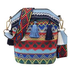 Mode BöHmischen Ethnischen Frauen Stroh Gewebte Schulter UmhäNgetasche Retro Casual Quaste Eimer Tasche Hellblau von Gaswug