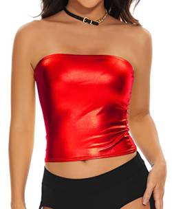 Gatielzana Damen Metallic Crop Tube Top Glänzend Trägerloser Bandeau BH für Tanzen, Raves, Festivals, Kostüme, Rot/Ausflug, einfarbig (Getaway Solids), Klein von Gatielzana