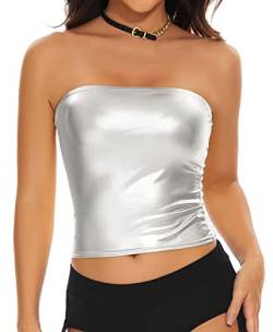 Gatielzana Damen Metallic Crop Tube Top Glänzend Trägerloser Bandeau BH für Tanzen, Raves, Festivals, Kostüme, silber, Medium von Gatielzana